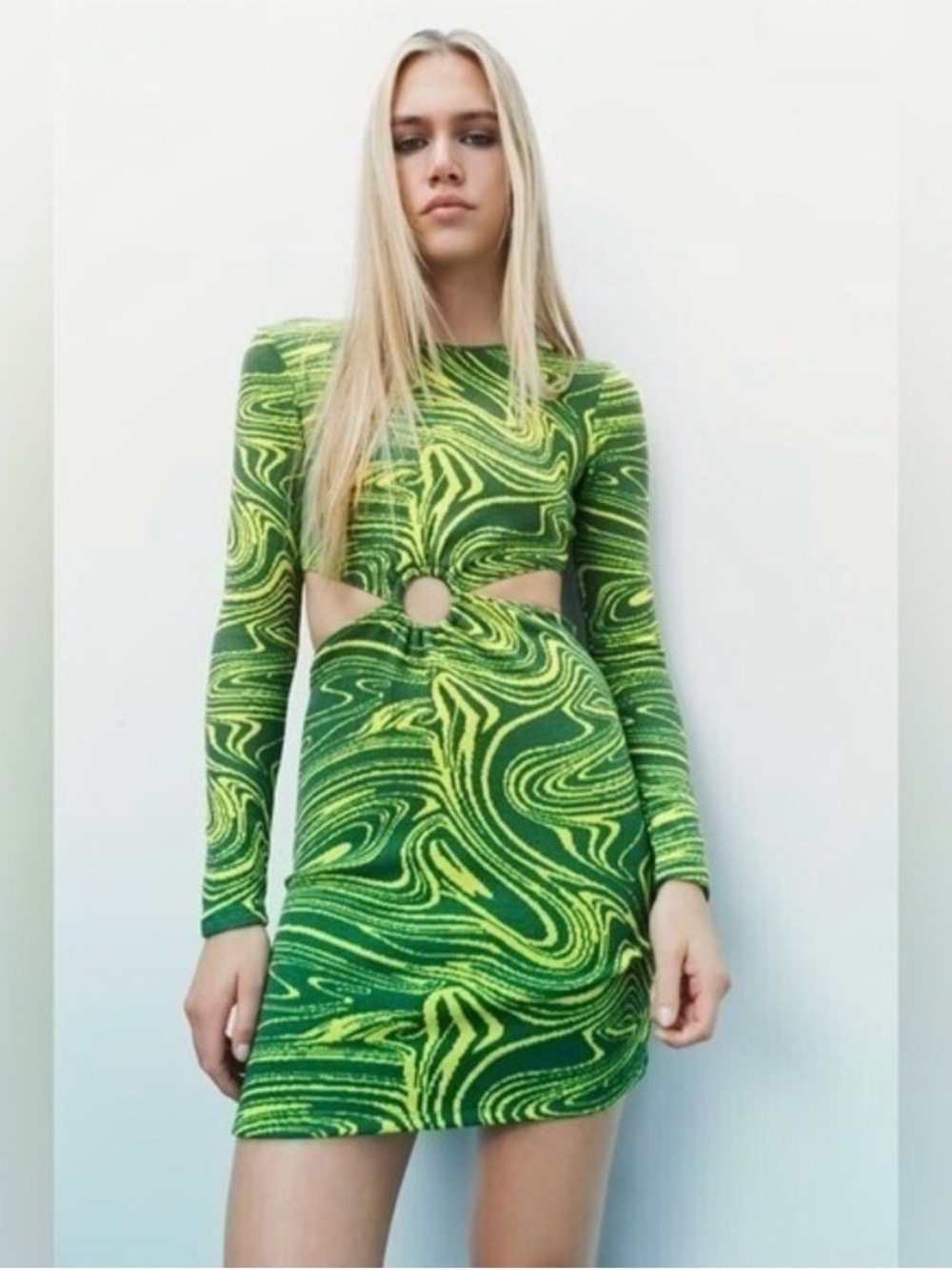 Zara Green and Yellow Knit Crewneck Sweater Dress